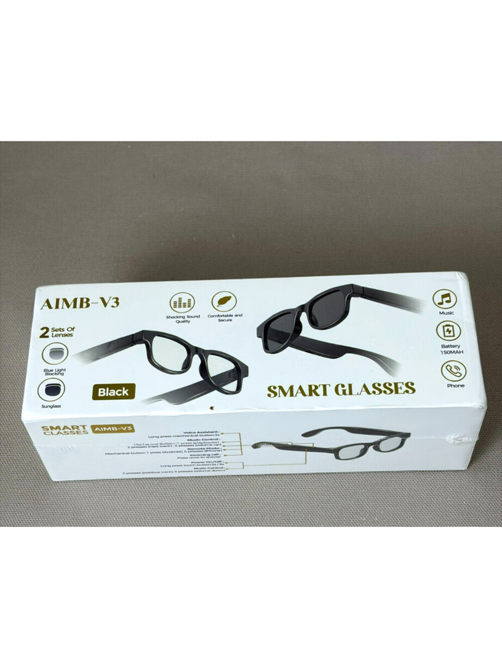 AIMB-V3 Smart Audio Glasses Bluetooth Wireless Headset Sunglasses NIB Black